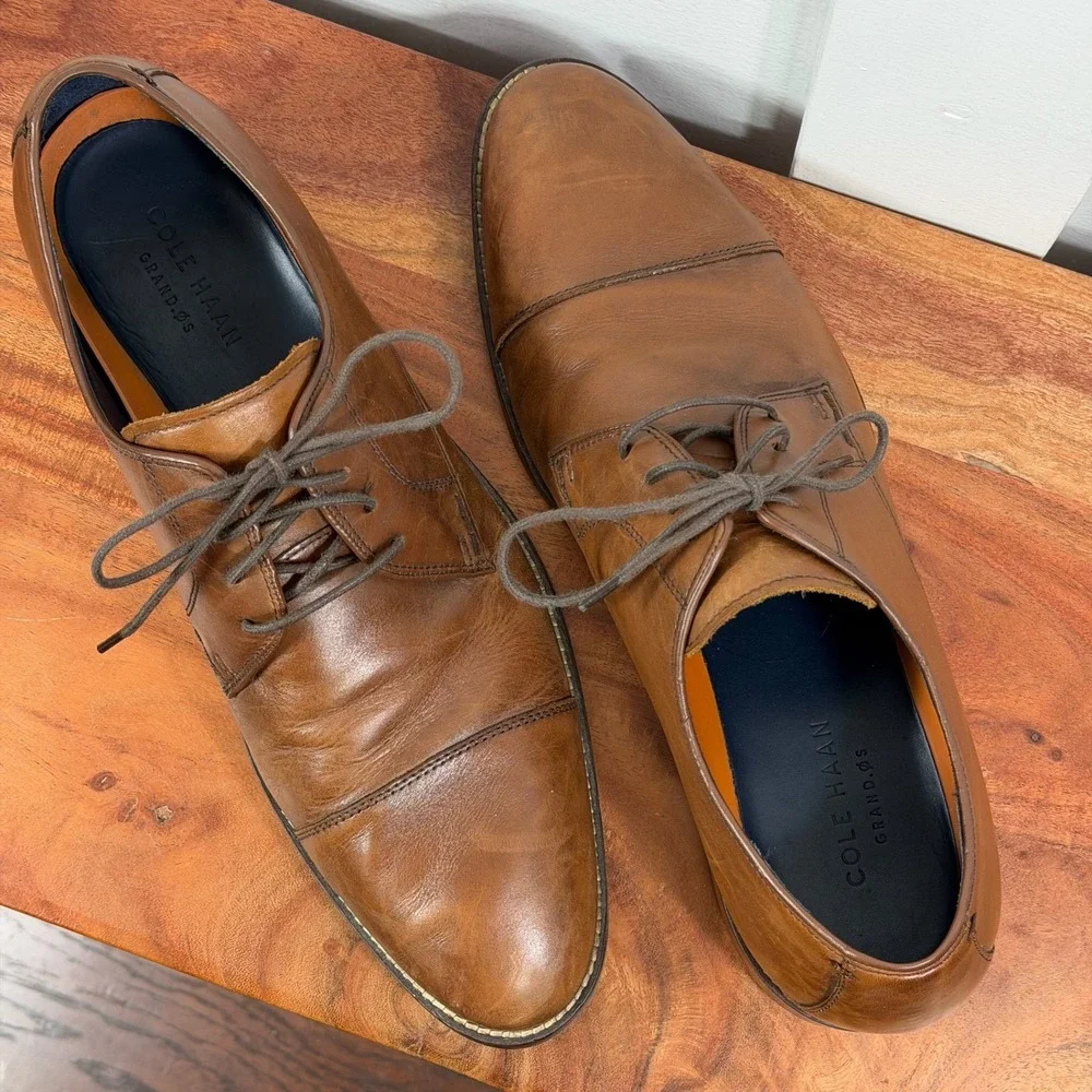 Cole Haan Mens Cap Toe Oxford Dress Shoes Brown Leather Lace Up Grand OS Sz 11 M